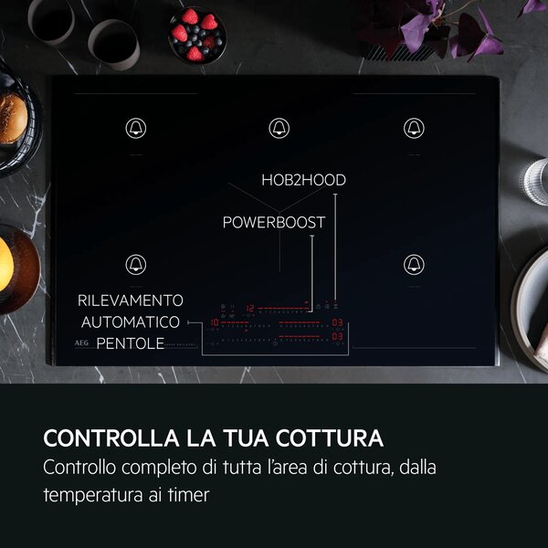 Aeg Piano Cottura Induzione 5 Fuochi Larghezza 78 cm in Vetroceramica colore Nero - NIK85M30FB Serie 8000 Sense Boil+Fry