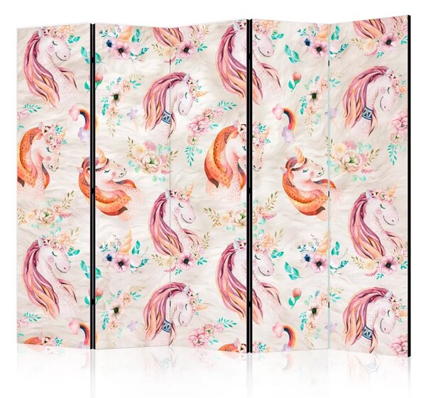 Paravento design Unicorno pastello II - unicorno con fiori su sfondo colorato