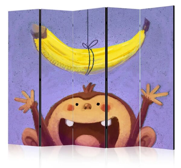 Paravento Banana II - scimmia cerca banana gialla su corda