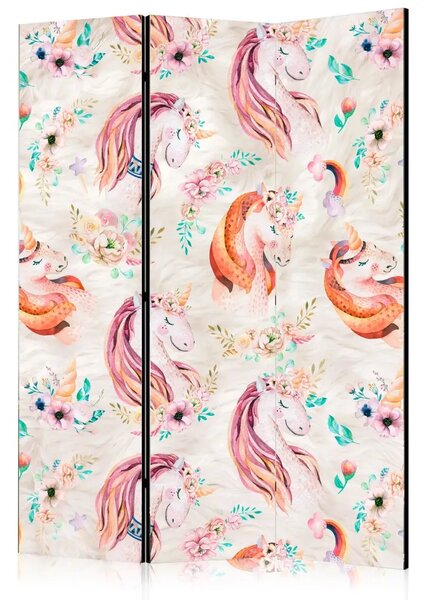 Paravento separè Unicorno pastello - cavalli fantasiosi su sfondo colorato con fiori
