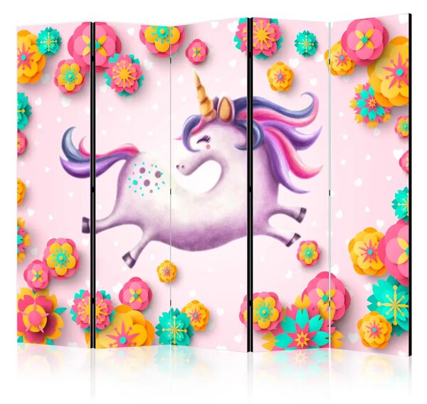 Paravento separè Unicorno flessuoso II - unicorno fantasy su sfondo colorato con fiori