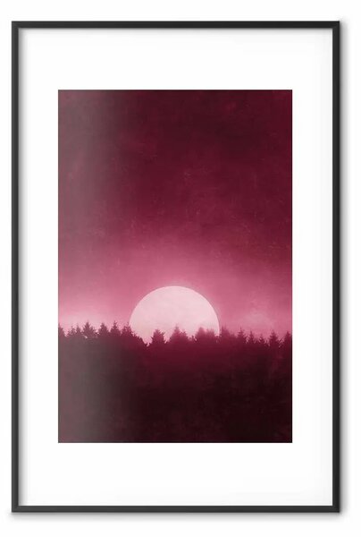 Poster: Luna piena: paesaggio rosa scuro luna argentata su sfondo foresta