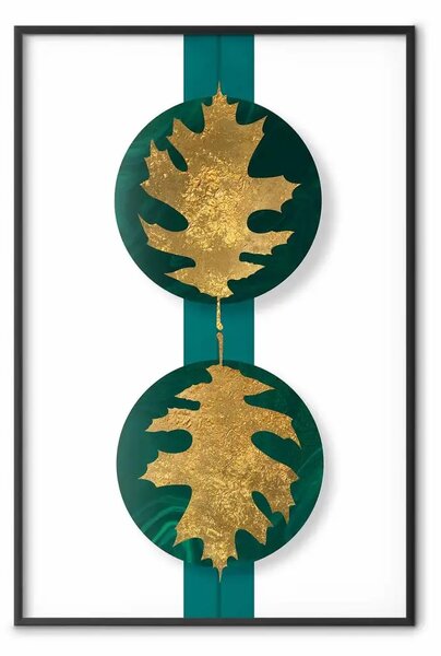 Poster: Ricchezza verde: elementi smeraldo e foglie dorate su sfondo bianco