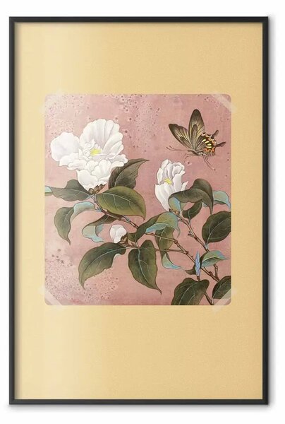 Poster: Fiore di azalea - petali bianchi, foglie verdi, farfalla