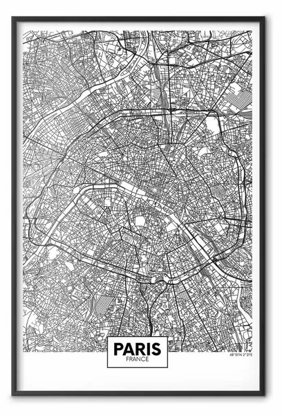 Poster: Mappa di Parigi: mappa in bianco e nero con iscrizioni
