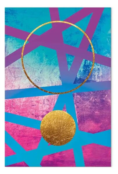 Quadro moderno Astrazione pazza - ruota d'oro su uno sfondo geometrico rosa