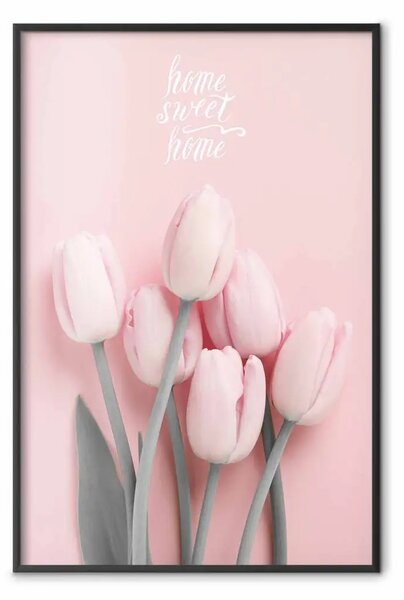 Poster: Sei tulipani: fiori rosa con iscrizioni su sfondo pastello