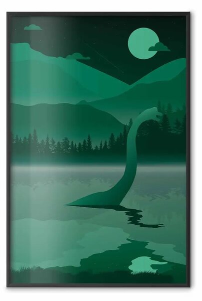 Poster: Loch Ness - fantasia verde con dinosauro e montagne