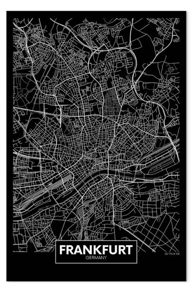Quadro su tela Mappa nera di Francoforte - mappa in bianco e nero con scritte in inglese