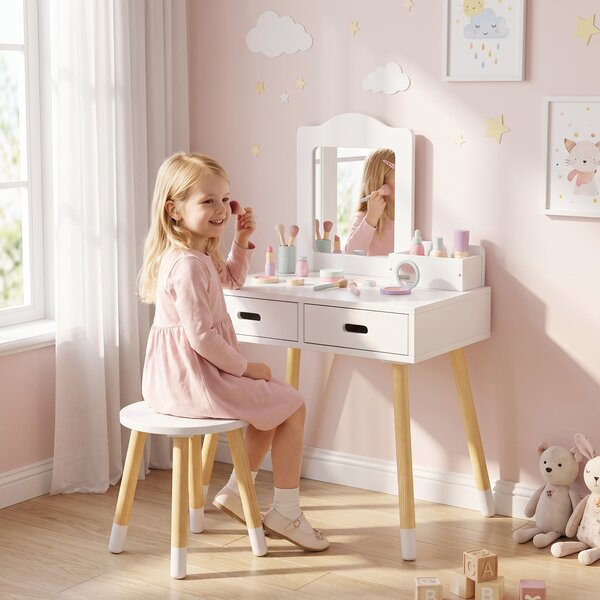 ZONEKIZ Set Toeletta per Bambini con Tavolo Trucco e Sgabello, Specchio e 2 Cassetti, Bianco e Colore Legno
