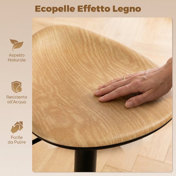 HOMCOM Set 2 Sgabelli Bar in PU con Altezza Regolabile Girevoli a 360°, Sgabelli Cucina Alti con Poggiapiedi, Base in Acciaio, Effetto legno Rovere | Aosom Italy
