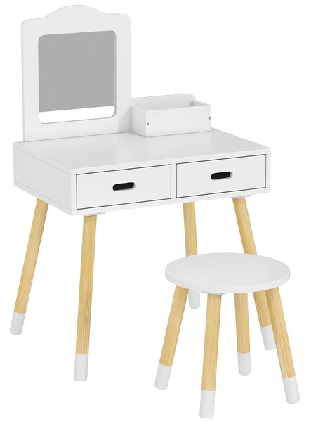 ZONEKIZ Set Toeletta per Bambini con Tavolo Trucco e Sgabello, Specchio e 2 Cassetti, Bianco e Colore Legno