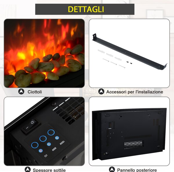 HOMCOM Camino Elettrico da Parete con Effetto Fiamma Colorato e Telecomando, in Acciaio Inox e Vetro, 65x11.4x52cm, Nero | Aosom Italy