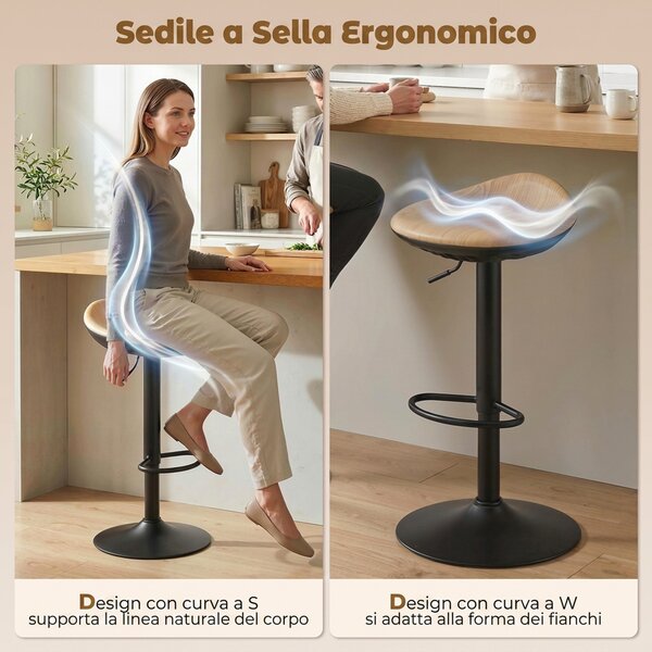 HOMCOM Set 2 Sgabelli Bar in PU con Altezza Regolabile Girevoli a 360°, Sgabelli Cucina Alti con Poggiapiedi, Base in Acciaio, Effetto legno Rovere | Aosom Italy