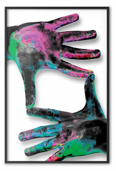 Poster: Cornice colorata - astratta con mani su bianco