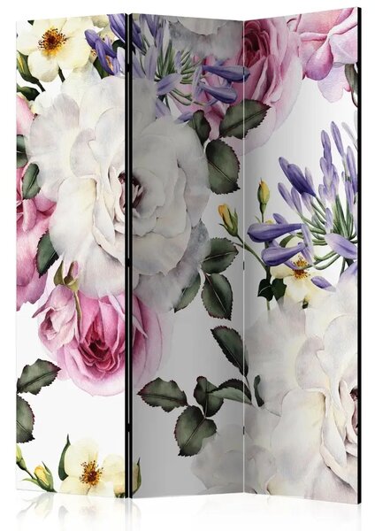 Paravento separè Prato fiorito - fiori colorati con foglie su sfondo bianco chiaro