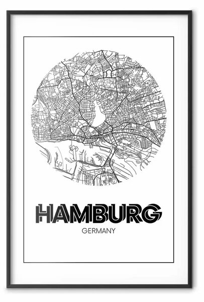 Poster: Amburgo retrò - mappa b/n città portuale