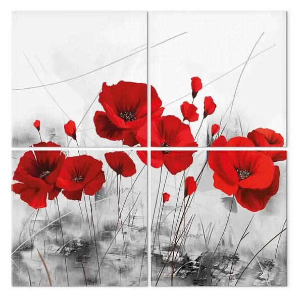 Quadro su tela Papaveri prato (4 pezzi) - fiori su sfondo grigio natura