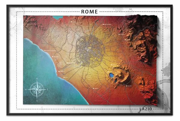 Poster: Mappa isometrica: Roma - città italiana immersa nel rosso con scritte