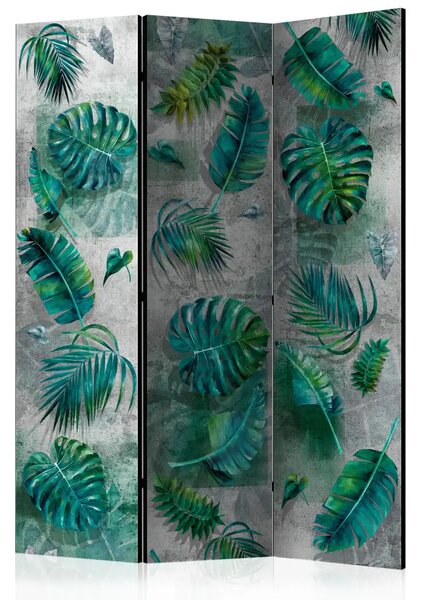 Paravento design Giungla modernista - foglie verdi tropicali su sfondo di cemento
