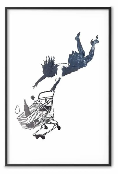 Poster: Frenesia shopping - murale in b/n con figura e carrello Banksy