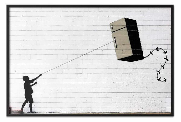 Poster: Frigorifero volante - graffiti Banksy con ragazzo su mattoni