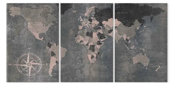 Quadro moderno Mappamondo vintage (3 pezzi) grigio