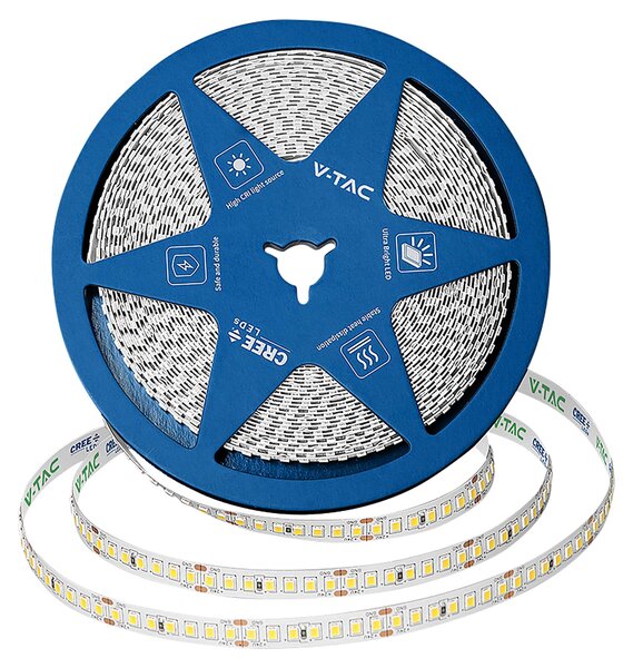 Striscia LED V-TAC, modello VT-2125966, 120W, classe di efficienza energetica: F, 13800 lumen, 3000K, angolo di illuminazione: 120°, tensione: 24V, lunghezza: 10 metri