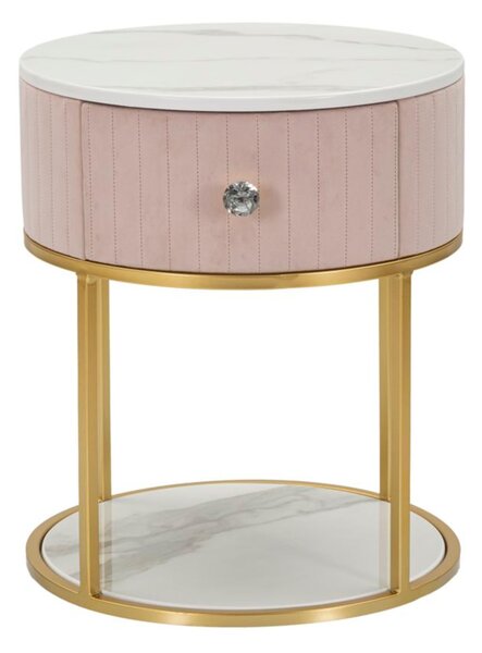 Comodino con struttura in metallo rosa e cassetto in legno, MONTPELLIER, Dimensioni 42X42x h 48 cm - Peso 6.4 kg La struttura in metallo dorato e tessuto imbottito