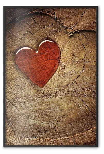 Poster: Messaggio - composizione d'amore con cuore rosso su sfondo di legno
