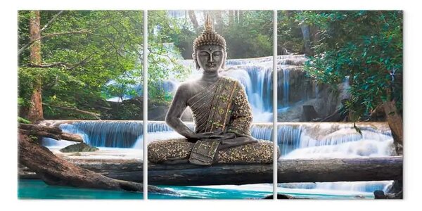 Quadro su tela Buddha e cascata (3 pezzi) verde