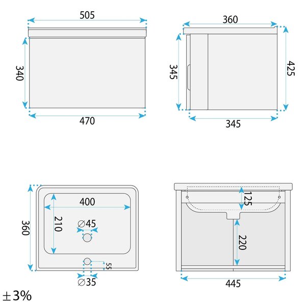Mobile bagno con lavabo Rea DB85-50-3 Light 50cm
