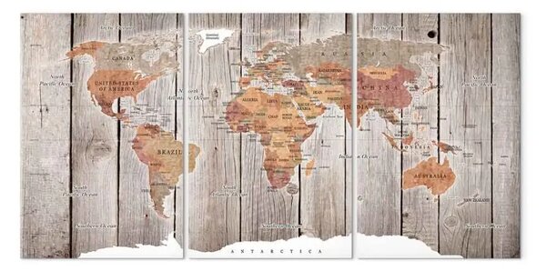 Quadro su tela Mappamondo: Storie di legno (3 pezzi)