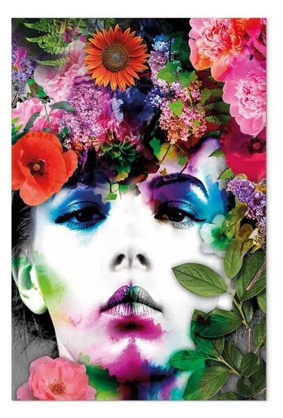 Quadro moderno Corona floreale - ritratto colorato di una donna con corona floreale