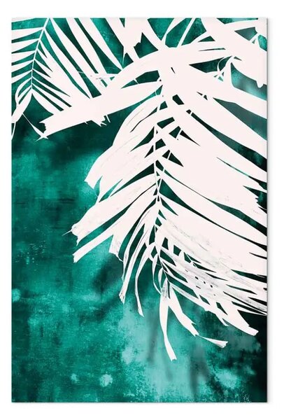 Quadro moderno Contrasti botanici - foglie di palme su sfondo astratto color smeraldo