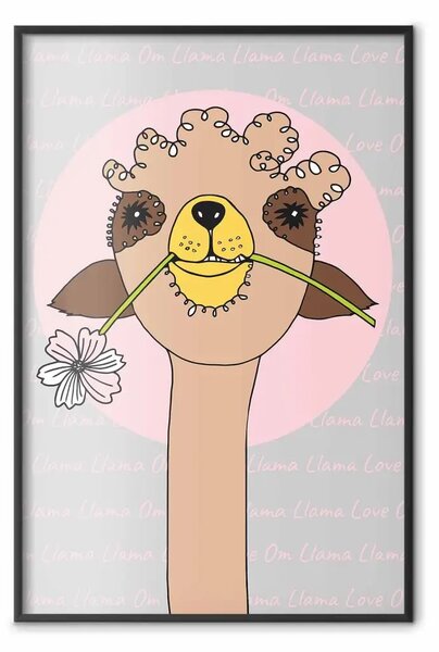 Poster: Lama allegra - animale marrone con fiore su sfondo artistico colorato