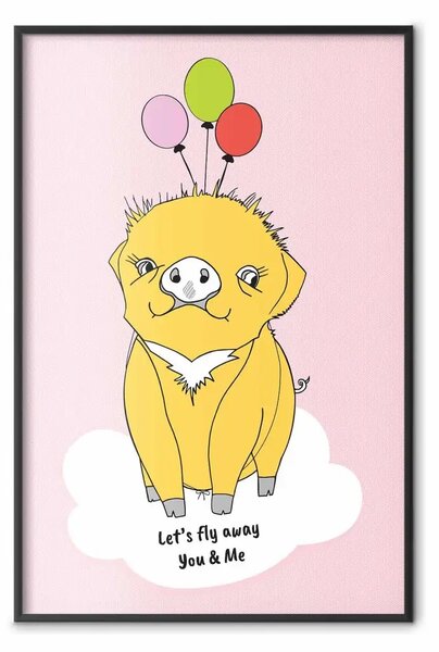 Poster: Maialino volante - animale giallo con palloncini e scritte in inglese