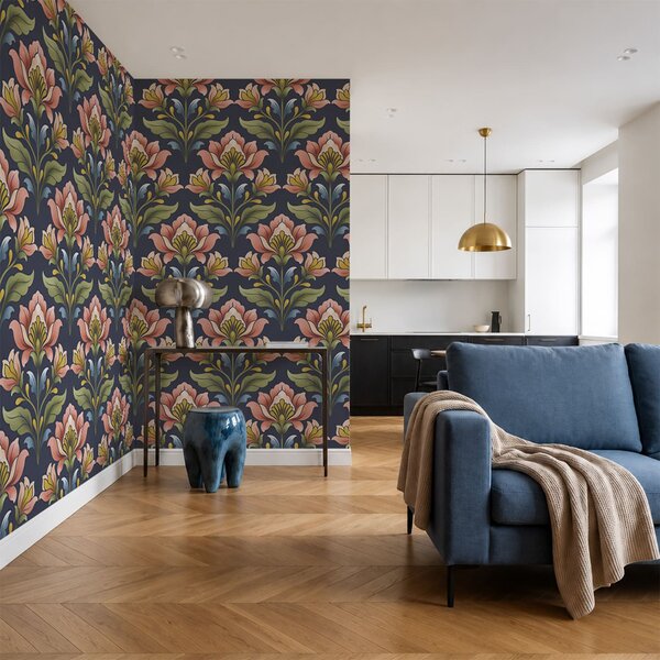 Carta da parati Motivo floreale su sfondo blu, Carta da parati Floreale, Carta da parati popolare, t01094v1 - Tapeko.it