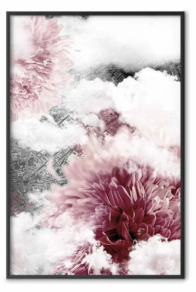 Poster: Fiori tra nuvole - fiori rosa tra nuvole e mappa città