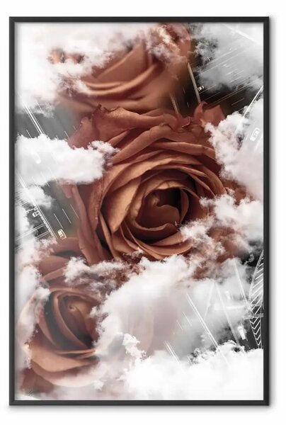 Poster: Rose tra nuvole - fiori rossi tra nuvole sopra città
