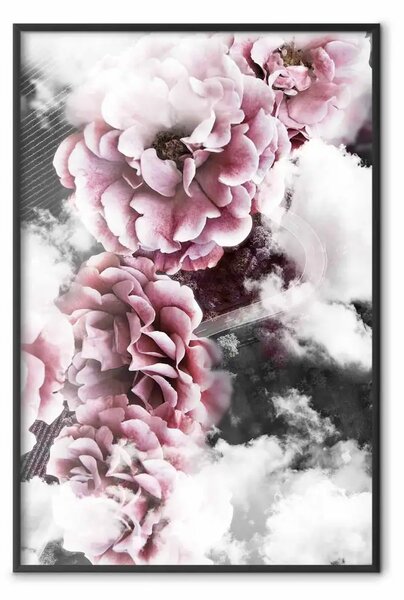 Poster: Sottigliezza - fiori rosa tra nuvole e architettura città