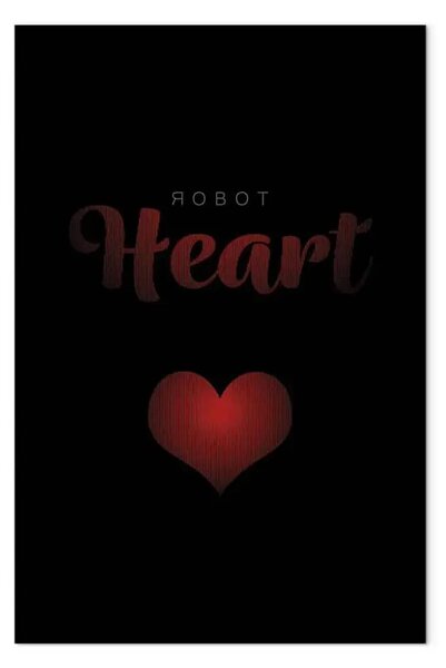 Quadro moderno Cuore robotico - simbolo rosso dell'amore con le scritte in inglese amore su uno sfondo nero in stile moderno