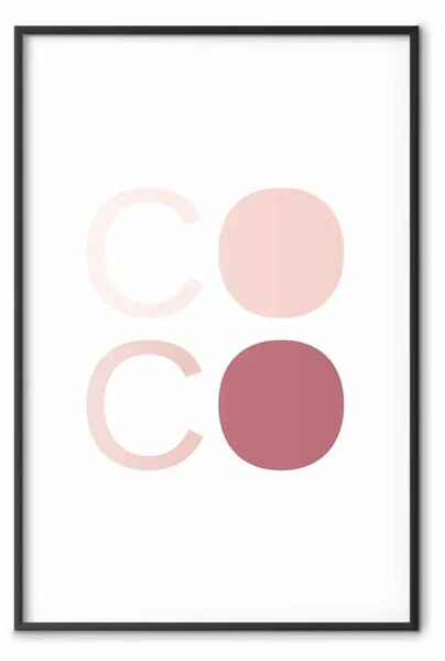 Poster: Coco rosa - scritta colorata con una lettera oscurata su sfondo bianco