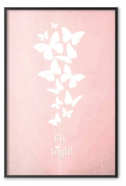 Poster: Volare alto! - scritte in inglese con farfalle bianche su sfondo rosa