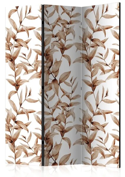 Paravento design Sepia vegetale - foglie marroni su sfondo bianco