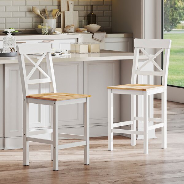 HOMCOM Set di 2 Sgabelli Bar, Sgabelli Cucina Alti con Schienale Alto, Poggiapiedi, in Legno di Pino, Naturale e Bianco | Aosom Italy