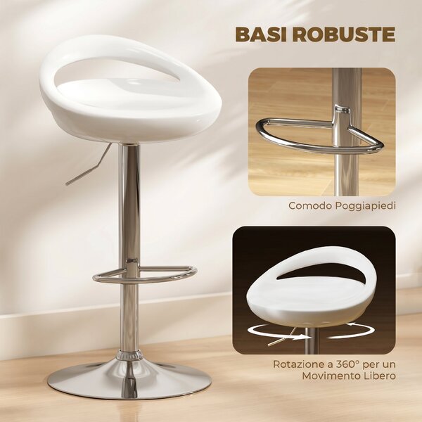HOMCOM Set 2 Sgabelli da Bar Girevoli con Poggiapiedi, Altezza Regolabile Base in Acciaio Seduta in ABS, Bianco
