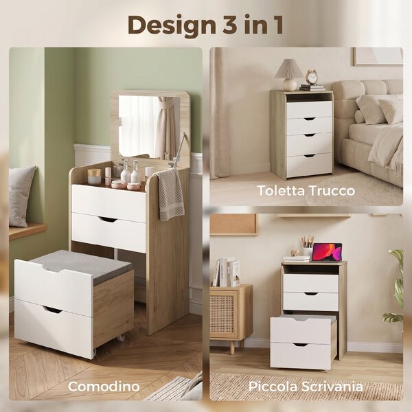 HOMCOM Toeletta 3 in 1 con Specchio Ribaltabile, Sgabello e Cassetti, Rovere e Bianco | Aosom Italy