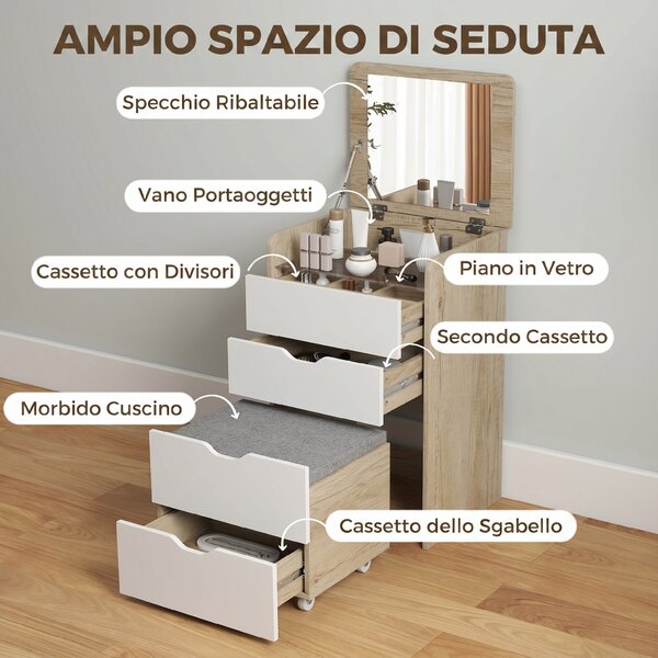 HOMCOM Toeletta 3 in 1 con Specchio Ribaltabile, Sgabello e Cassetti, Rovere e Bianco | Aosom Italy