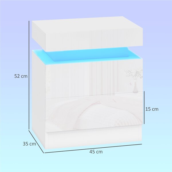 HOMCOM Set 2 Comodini LED a 16 Colori e 4 Modalità con 2 Cassetti, in Legno, 45x35x52 cm, Bianco Lucido | Aosom Italy